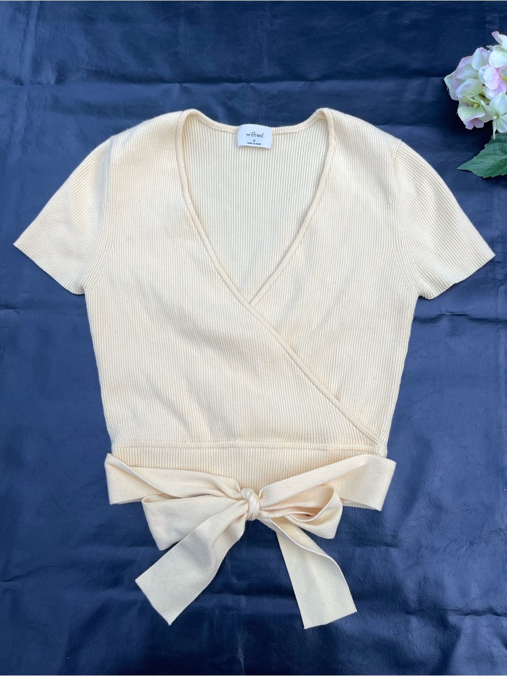 Wilfred Cream Wrap Tie Short-Sleeve Ribbed Top women’s size M